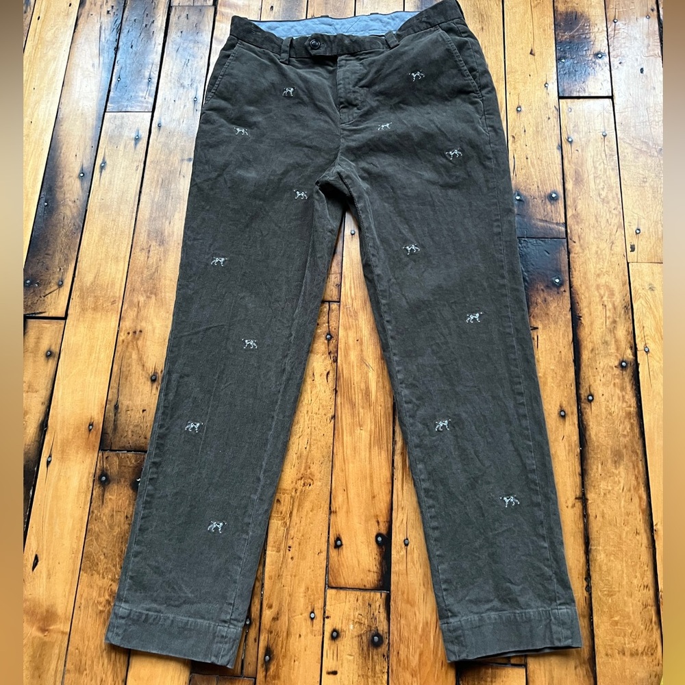 Brooks Brothers Mens 34x30 Corduroy Green Pants Retriever Dog Print Slim Trouser